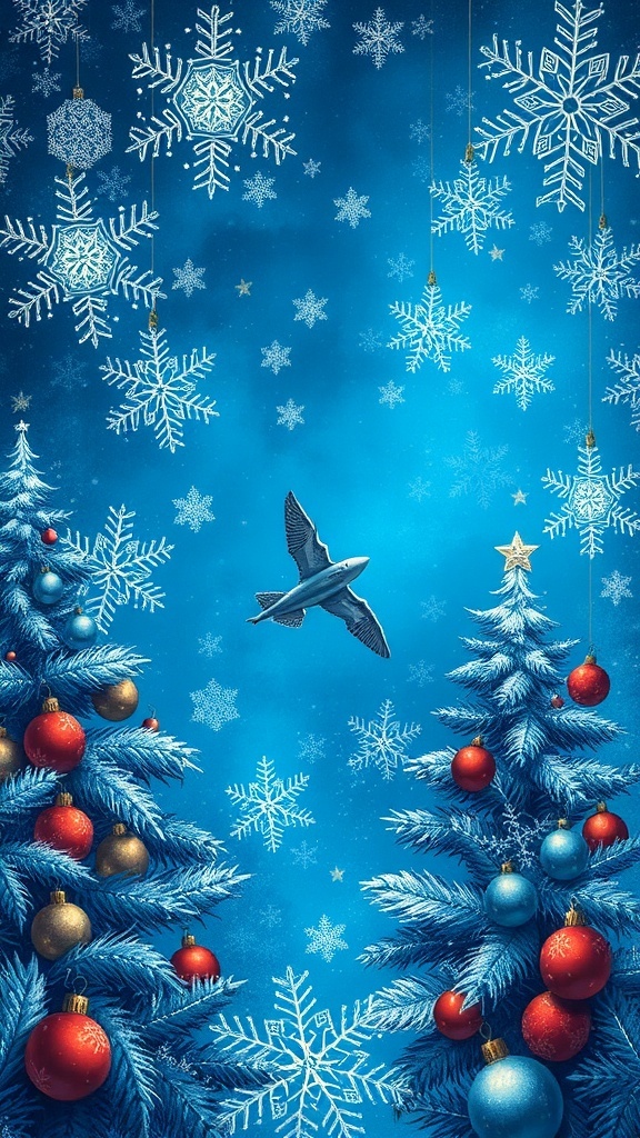 Blue Christmas wallpaper with snowflakes, trees, and ornaments, creating a festive winter wonderland.